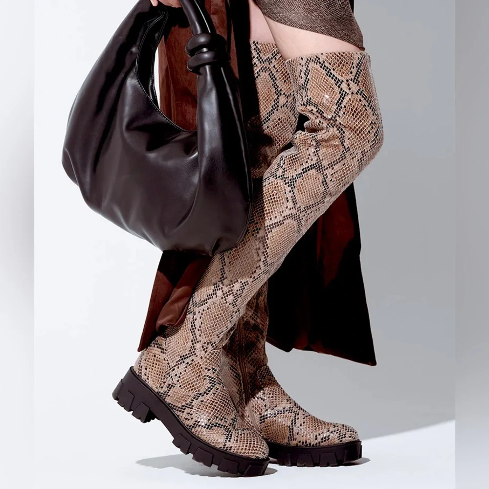 AZALEA WANG Brown Snake Print Thigh High Boots